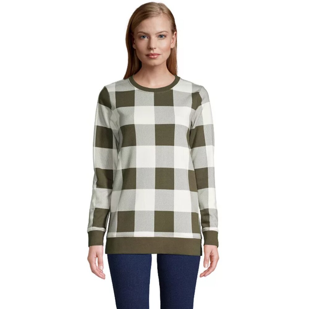 Lands End Serious Sweats Check French Terry Crewneck Sweatshirt Tunic